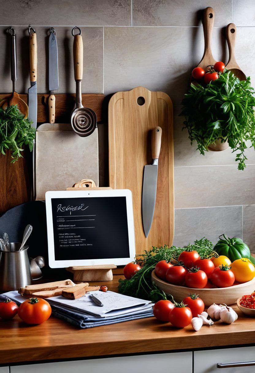 A vibrant kitchen scene with a tablet displaying a recipe, surrounded by an array of fresh ingredients, culinary tools, and an open cookbook. A chef's hat and apron are hung nearby, exuding a sense of creativity and expertise. The background should be a cozy, well-lit kitchen setting. super-realistic. vibrant colors. warm lighting.