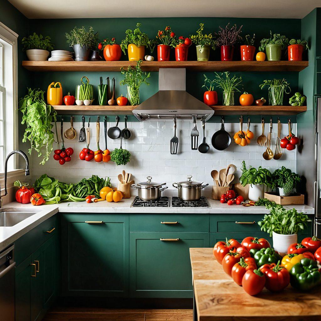 A bright, inviting kitchen scene with an open cookbook, fresh colorful vegetables, herbs, and spices artfully arranged. A chef's hands are seen foraging through different ingredients, with a vibrant array of cooking utensils in the background. The atmosphere should feel inspirational and creative. hyper-realistic. vibrant colors. warm lighting.