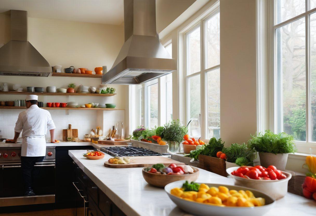 An inviting kitchen scene with a sophisticated chef in action, showcasing both quick meal prep and gourmet dish creation side by side. Include vivid ingredients, gleaming kitchen tools, and detailed plating of dishes. super-realistic. vibrant colors. engaging atmosphere.